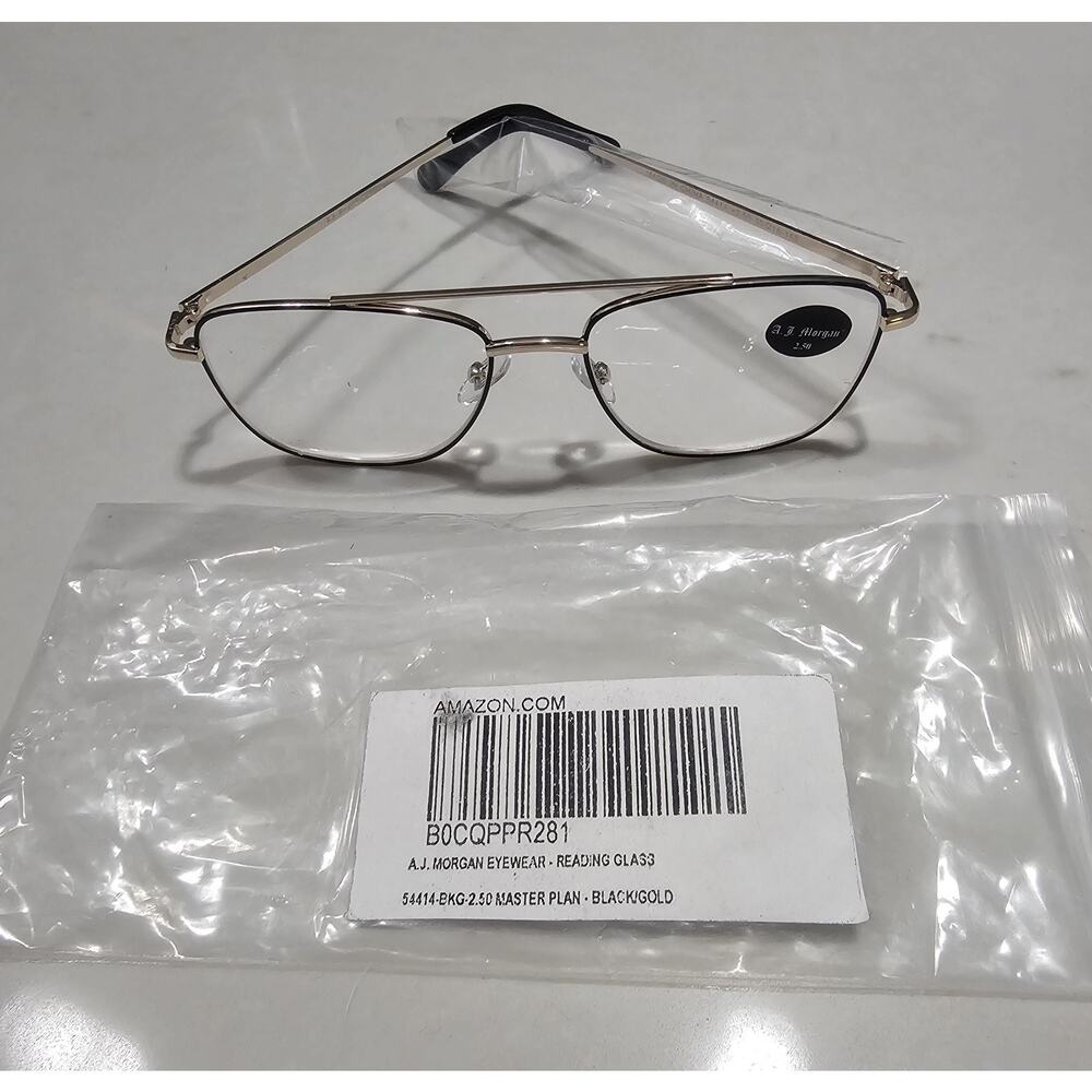 A.J. Morgan 54414 Reading Glasses +2.50 Black Gold Metal Frame 55-16-145